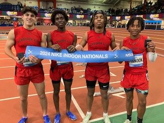 Newburgh runners Brady Danyluk, Anthony Burnett, Nakei Johnson, and David Pinnock are shown after winning spring medley relay in the high school division at Nike Indoor Nationals at the Armory Track and Field Center in New York City.