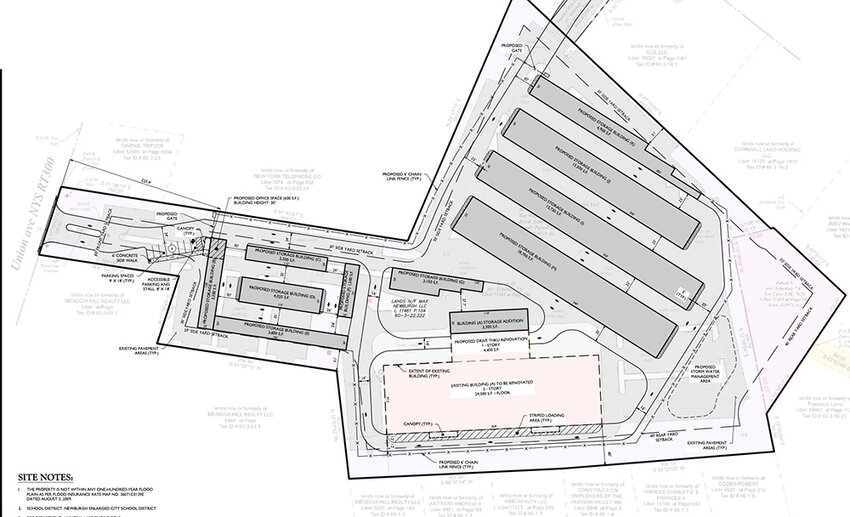 Site plans depicting the proposed self storage center with buildings and additions at the Showtime Cinemas facility.