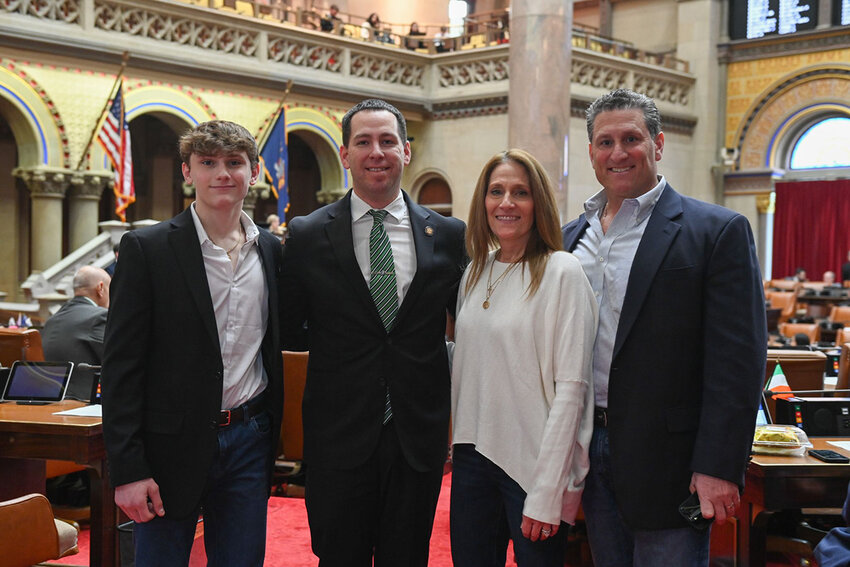 Assemblyman Brian Maher (R,C-Walden) introducing Luke Satriano (left) in Albany on Wednesday, March 27. Also pictured are Luke’s parents.