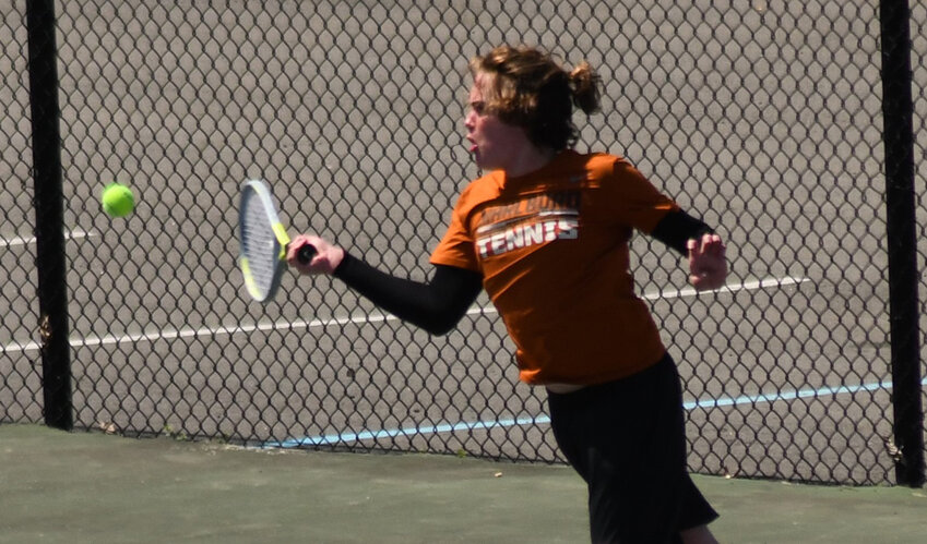 Marlboro’s Adrien Gueren returns the ball during the MHAL boys’ tennis championships on May 17, 2023, at Franklin D. Roosevelt High School in Hyde Park.