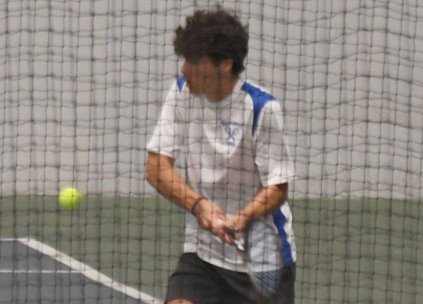 Valley Central’s Aiden Kaleta returns the ball during the OCIAA boys’ tennis consolation match on May 19, 2023.