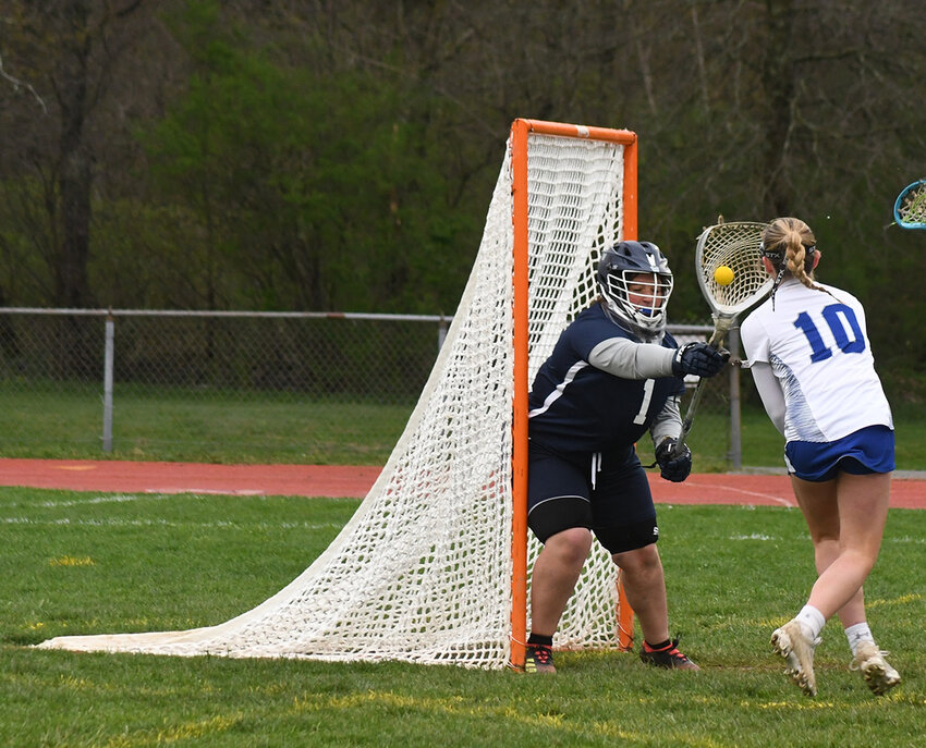 Newburgh goalkeeper Madison Coughlin blocks a shot by Valley Central&rsquo;s Ava Ronaldson during Thursday&rsquo;s Division I girls&rsquo; lacrosse game at Valley Central High School in Montgomery.