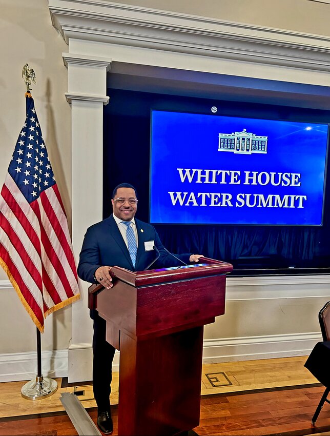 Mayor Torrance Harvey speaking at the White House on Tuesday.