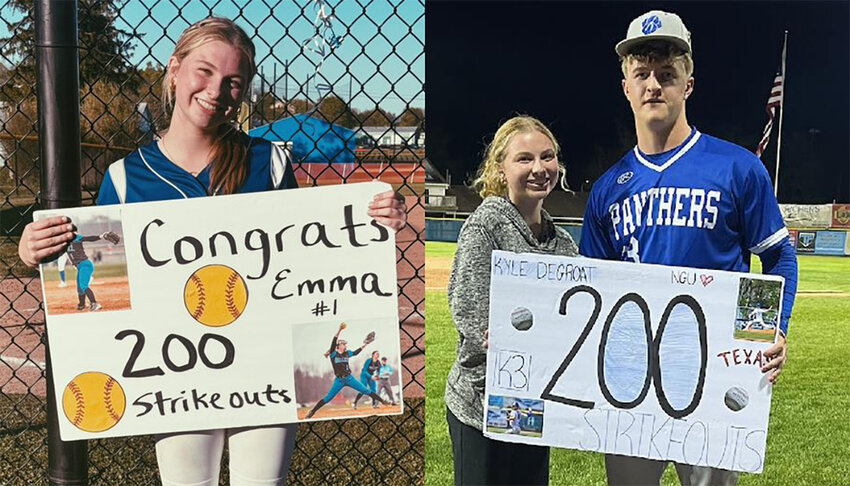 Left - Wallkill&rsquo;s Emma Hunt is shown after recording her 200th strikeout on April 26 in a 5-2 loss to Chester. Right - Wallkill&rsquo;s Kyle DeGroat is shown with his cousin, Emma Hunt, after recording his 200th career strikeout on April 30 at Cantine Field in Saugerties.