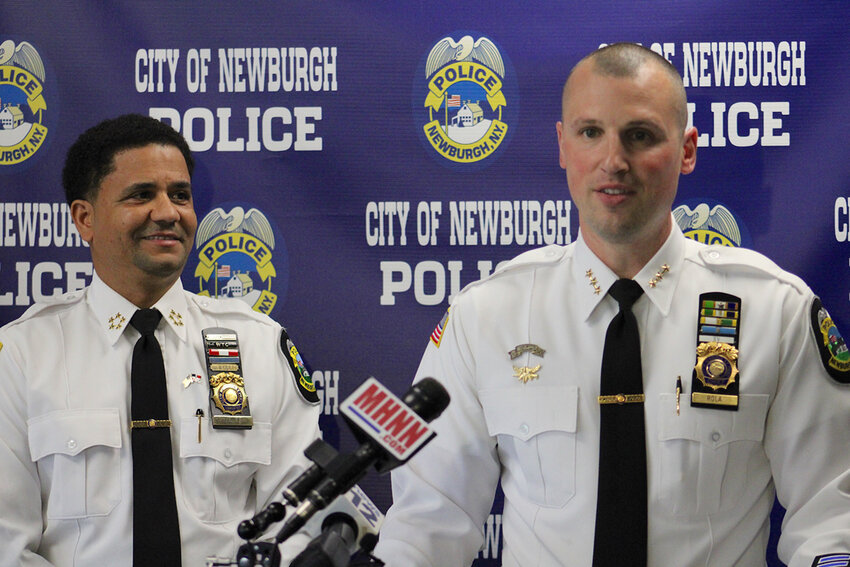 Chief Bradon Rola (r.) takes questions from media members during an introductory press conference on Monday, May 6. He was joined by Police Commissioner Jos&eacute; A. Gom&eacute;rez and other command staff.