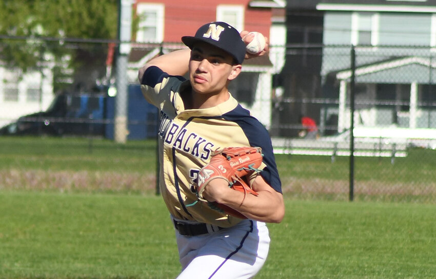 Newburgh’s Chase Rounds pitches during an OCIAA Division I baseball game on May 7 at Delano-Hitch Stadium in Newburgh.