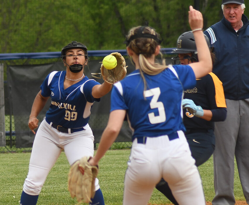 Wallkill second baseman Elysia Villafane (99) forces out Highland&rsquo;s Ciara Teamer, taking the throw from Gabby Faia during Thursday&rsquo;s non-league softball game at Wallkill Senior High School.