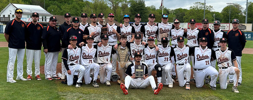 The Marlboro Iron Dukes pose with the MHAL championship plaque on Saturday at Cantine Field in Saugerties.