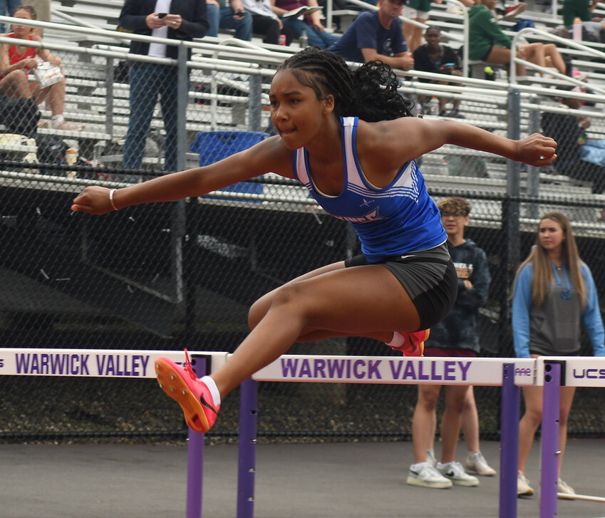 Valley Central&rsquo;s Zialyse Moseley runs the 100-meter hurdles during Friday&rsquo;s OCIAA track and field championships at Warwick Valley High School.