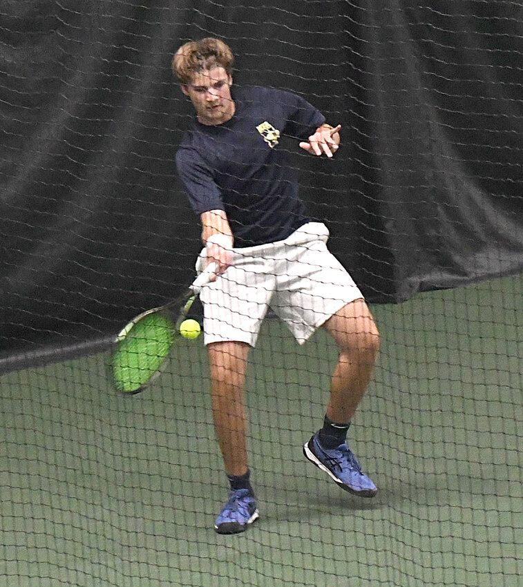 Newburgh&rsquo;s Henry Goings-Perrot returns the ball during Friday&rsquo;s OCIAA boys&rsquo; tennis doubles championship match at MatchPoint Tennis in Goshen.