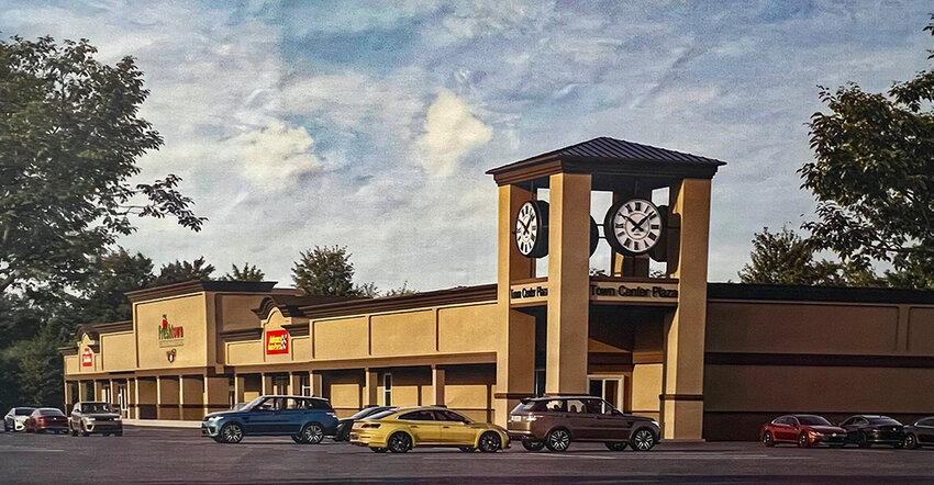 A new facade proposed for the Town Center Plaza along North Plank Road with a new supermarket intended to take over the former Big Lots.