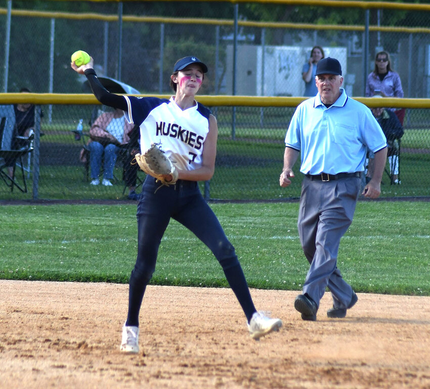 Highland shortstop Emma Hanlon throws the ball to first base during Wednesday&rsquo;s NYSPHSAA Class B subregional softball game at North Rockland High School in Theills.