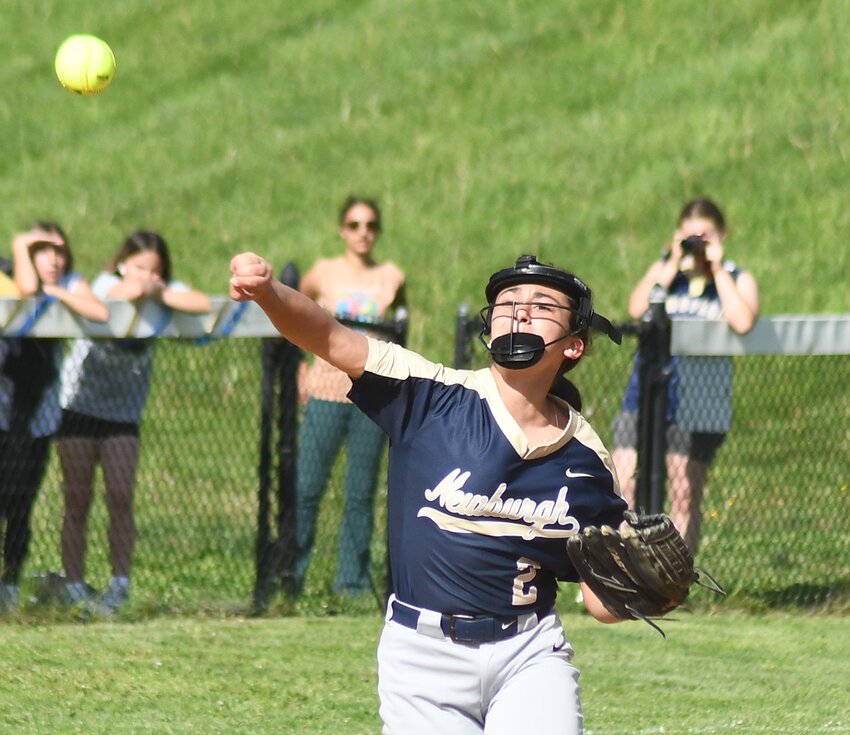 Newburgh shortstop Samantha Williams throws the ball to first base during an OCIAA Division I softball game on May 8 at NFA North.