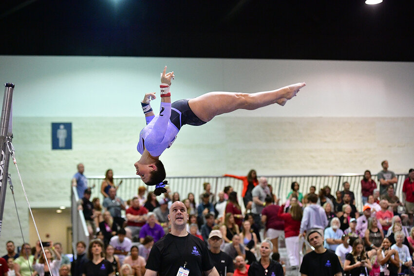 Lizzy Ryan of Highland competes on the uneven bars at the Level 10 Women&rsquo;s Senior A nationals in Daytona Beach, Fla.