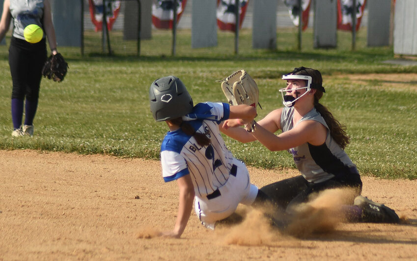 Town of Newburgh’s Izzy Blanco slides into second base during Wednesday’s District 19 Majors softball game at the Otisville Little League Complex.