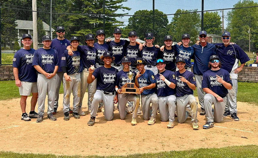 Photos courtesy Sara Round
The Newburgh Nuclears pose with the District 9 American Legion Baseball Junior trophy on Sunday at Marlboro High School.