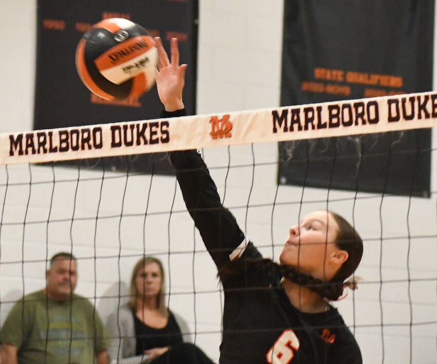 Marlboro’s Emily Hite sends the ball over the net during a non-league volleyball match on Oct. 11, 2023, at Marlboro High School.