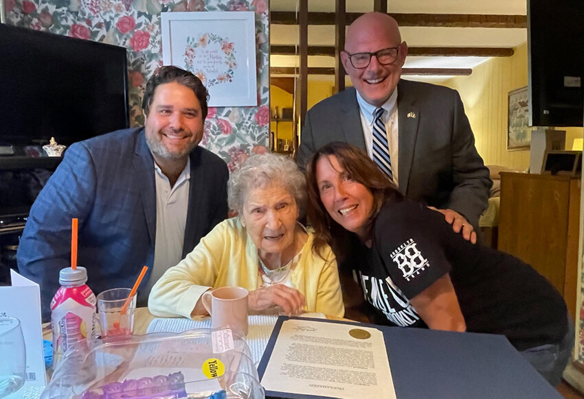 Anne Venezia Capone, a Cornwall/Cornwall-on-Hudson resident since 1950, celebrated her 100th birthday on Sunday, Sept. 8. Posing for a group photo with the birthday girl are Mayor James Gagliano, Supervisor Josh Wojehowski and Recreation’s Phylis Murphy.