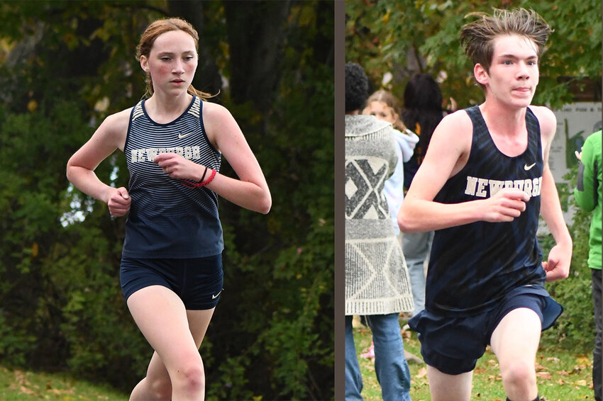 Newburgh’s Mary Jane Politi and Newburgh’s Kiernan Judson run toward the finish line at a non-league cross-country meet on October 17, 2023, at Chadwick Lake Park in Newburgh.