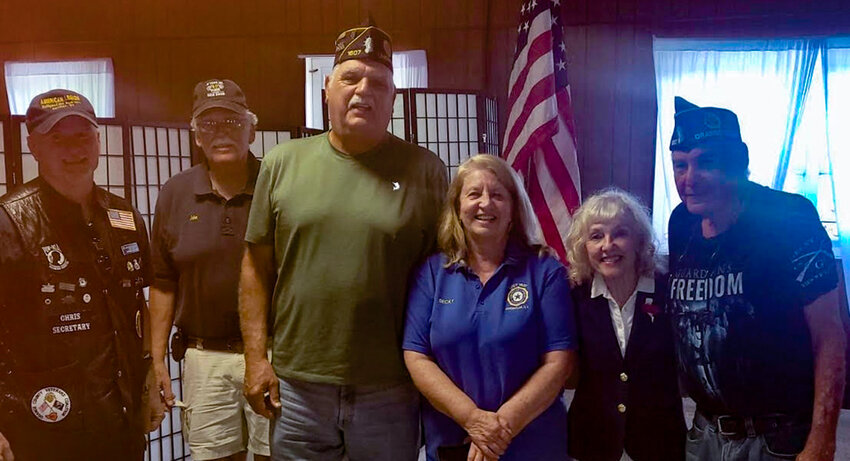 Harriman Commander Chris Holshek, John Clausen, Art Olah, Orange County Auxiliary secretary Becky Olah, Bobbie Fallon and Orange County Commander Earl Demberg at local American Legion meeting.