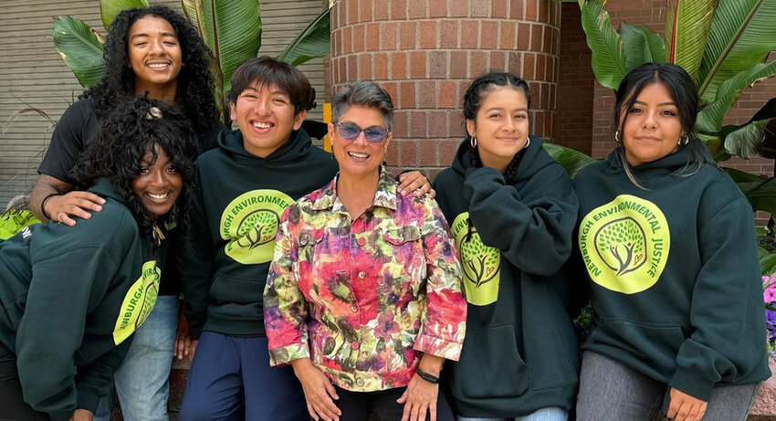 The 2024 Class of Environmental Justice Fellows Savonni Bailey, Tyrees Canigan [in back], Steven Gonzalez, with Greater Newburgh Parks Conservancy Founder Kathy Lawrence, Michelle Prado and Ashley Martinez.