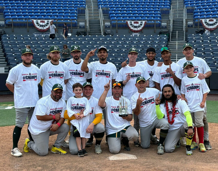 The Cornwall Athletics season is now over … but that’s okay, because the local team is the champions of the Hudson Valley League of the National Adult Baseball Association! They beat the Newburgh Tigers 5-4 on September 22 at Heritage Financial Park (Dutchess Stadium) after getting to that game by beating the Southern Dutchess Padres the week prior, 20-1 after the league’s ‘mercy rule’ kicked in. Here, the team after their big victory on Sunday.