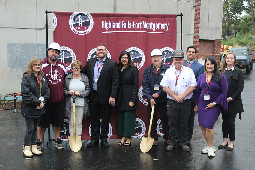 At the short ceremony were (l-r): BOE members Faith Aprilante, Aaron Falk and Anne Lawless, Superintendents Michael McElduff and Rachel Adelstein, BOE member Gus Koutsourades, Director of Facilities Chris Kirwan, Superintendent Chris Carballo, FMES Principal Jacqueline Rodriguez, and Senator James Skoufis’ Chief of Staff Emma Fuentes.