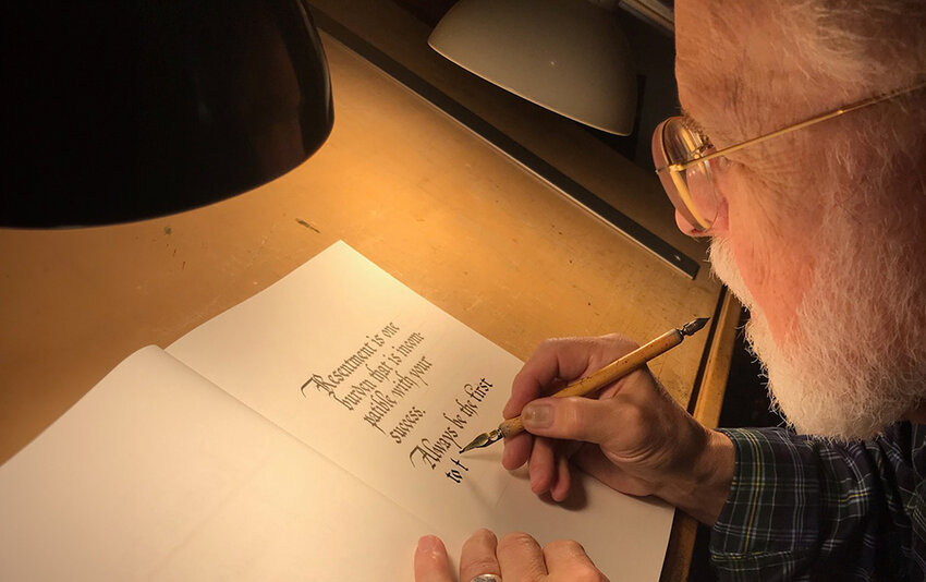 While he still plays his trumpet every day, Baldwin’s focus is calligraphy.