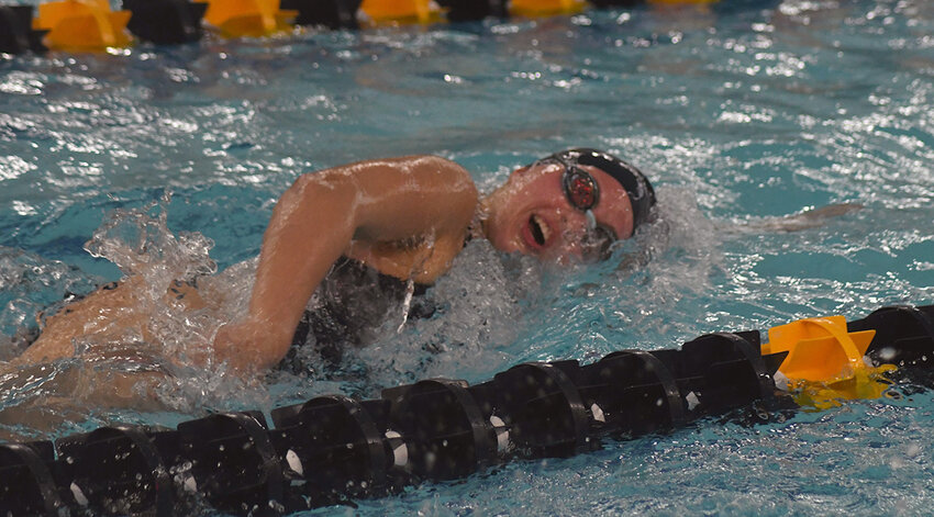 Pine Bush’s Maya Oakes swims the 100-yard freestyle during  Wednesday’s OCIAA Division 1 girls’ swimming meet at Pine Bush High School.