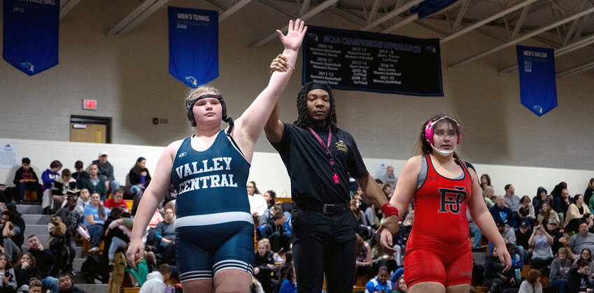 Valley Central’s Sophie Ebneter is declared winner over Amber Blas of Port Jervis. She finished fourth overall in her division.