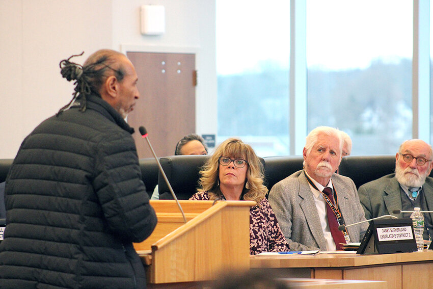 Councilman Omari Shakur speaks before the Orange County Legislature.