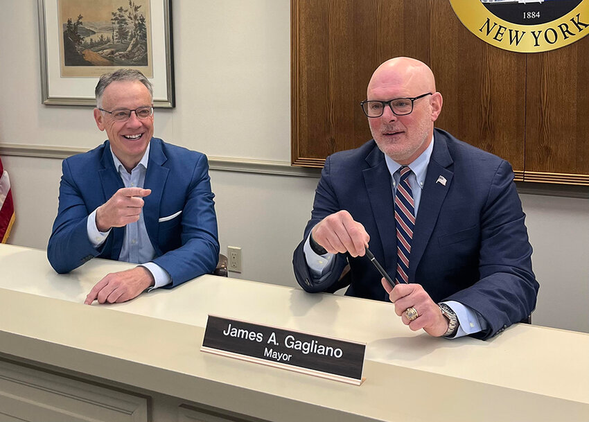Cornwall-on-Hudson Deputy Mayor Jim Kane (l) and Mayor James Gagliano at a recent Village Board meeting.