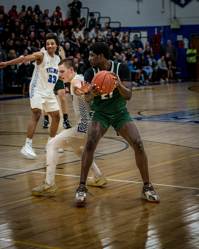 Gabriel Yeboah  angles for position on VC defender AJ Brown.