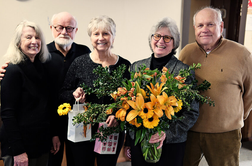 L-R Judy Schoonmaker, serves on pastor’s relations committee, husband B.J. Mikkelsen, Patricia Mikkelsen, Administrative Assistant for both churches, Laurie McNeill, pastor of both churches and Howard Baker serves on Administration Committee.