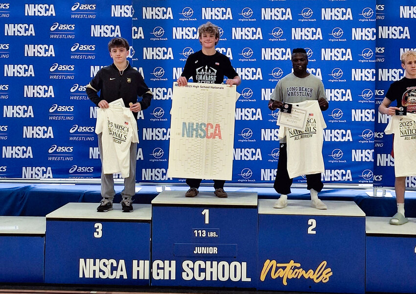 Newburgh’s Cooper Merli (left) on the podium after finishing 3rd in the NHSCA tournament.