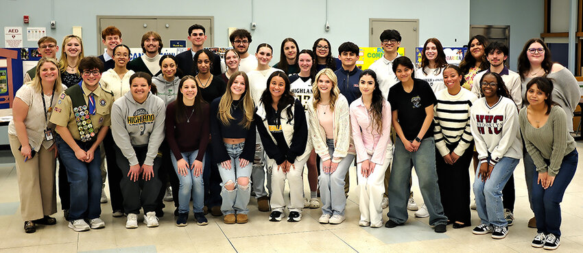 Civic Readiness Teacher Christina Saylor (far left) poses with her students at the presentation of their projects. [L-R] first row - Hope Williams, Elaine Shebey, Cadence Meltz, Amelia DelForno, Luca Rizzo, Ava LaValle, Sianni Caiciado, Lauren Santiago, Lillian Reynolds, Arhianna Sandy[L-R] middle row- Teacher Christina Saylor, Taso Bakatsias, Kai Roper, Gabriella Barbaro, Alessandra Barbaro, Mae Wright, Bethany Childs, Kelcey Whalen, Dylan Zocchi. [L-R] back row- Nemo Swart, Erin Smith, Jackson Gillespie, Teddy Druttman, Zachary Haeser, Kyle Dwyer, Alexis Violaris, Keira Bishop, Noah Cabrera, Sam Calahan, Emelia Halbijohn, Gunner Trombetta, Hayley Sutfin