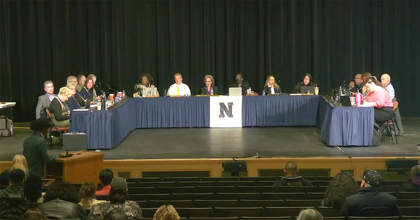 Newburgh senior class president Akhiir McNeil [at the podium] was one of several speakers, addressing the concerns about possible terminations of district administrators.