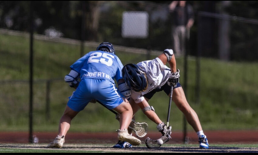Niko Bucholz winning a faceoff (top) and posing for a portrait below.