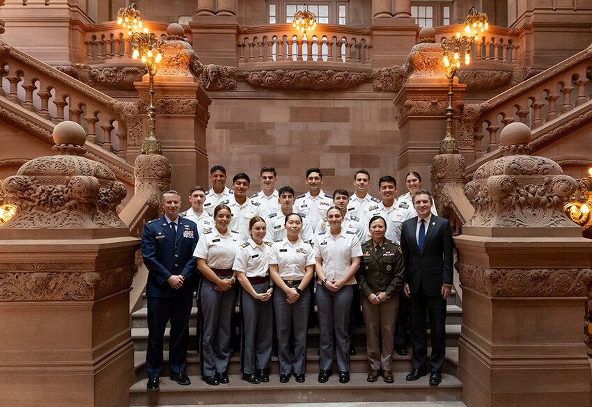 Senator James Skoufis poses with USMA cadets who visited the State Capitol on April 9.