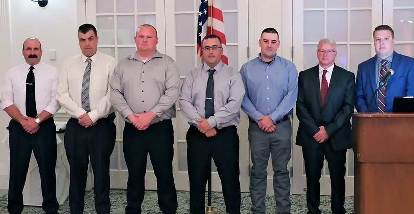 Line Officers for 2025 [L-R] Michael Schaeffer – 2nd Lieutenant, David DeMaio – 1st Lieutenant, Taylor Dailey – Captain, George Monteverdi – 3rd Assistant Chief, Nathan Peura – 2nd Assistant Chief, Peter D. Miller – 1st Assistant Chief and Jeffrey DiMetro – Chief.