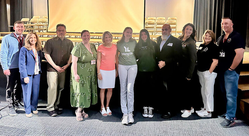 Those who participated in O’Neill High School’s pre-prom assembly recently: O’Neill Assistant Principal Tom Breitfeller, Principal Robin Haberman, SADD Advisors Phil Yosso and Bridget Smith, Marianne Angelillo, Shannon Faint, Aspasia Fatsis, Konstantinos Fatsis, and ADAC’s Lauren Savino, Cynthia Ilardi and Frankie Wright.
