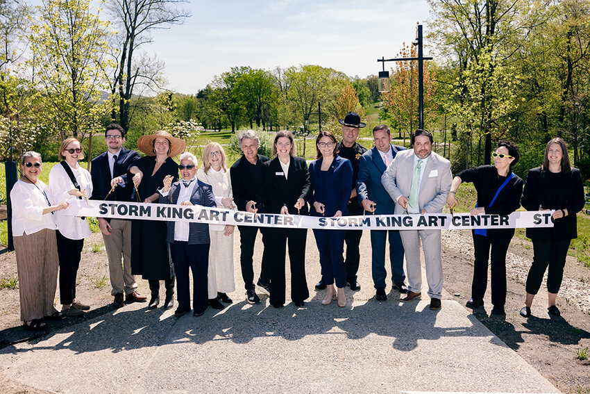 At the May 1 ribbon-cutting ceremony of the newly renovated Storm King Art Center, left to right: Roisin Heneghan, William Alexander, Beka Sturges, Linda Malave, Erika Mallin, John P. Stern, Nora Lawrence, Doreen Harris, a NY State trooper, County Executive Steve Neuhaus, Cornwall Supervisor Josh Wojehowski, Claire Weisz, Kellie Honeycutt