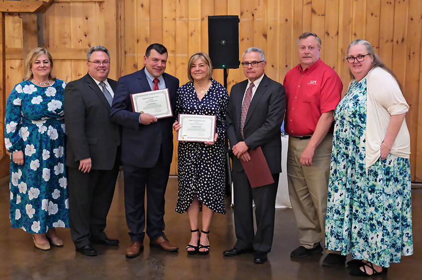 The Highland Educational Foundation honored three members of the community at a special ceremonial dinner last week. Pictured L-R Ulster County Legislator Gina Hansut, School Superintendent Joel Freer, Honorees Fred DeMaio, Mary Beth Saso and Gene Rizzo. Ulster County Legislator Herb Litts and Foundation chair Carole CrimiVaroli.