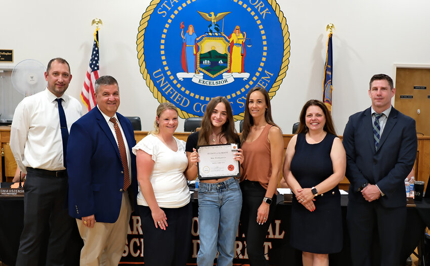 Mia Montaperto is the Marlboro Middle School Student of the Month for May. Pictured L-R Asst. Principal Demian Stanmyer, Board of Education President Frank Milazzo, teacher Amanda Creeden, Mia and her mother, Principal Debra Clinton and Supt. Michael Rydell.