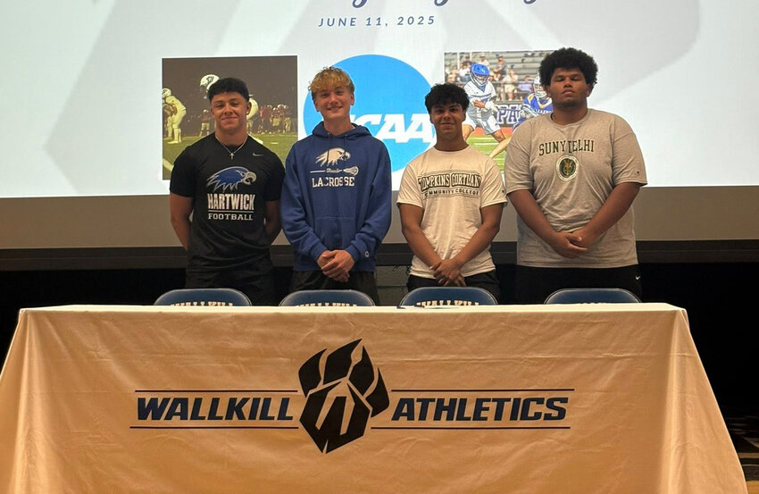 Wallkill’s newest signees are: (l. - r.) Pablo Acosta, Joey Price, Carlos Paz and Aubrey Nugent.