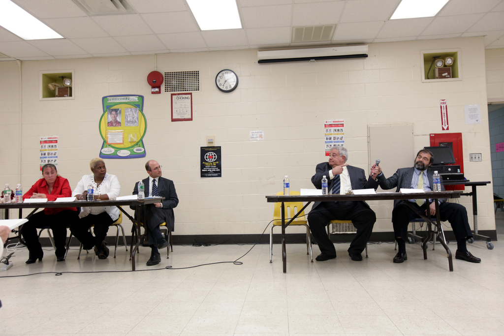 Taking part in the Board of Education candidates forum at Lawrence Middle School on Tuesday, April 27, 2010, are, from left, Nicole Di Iorio, Annie Reyes, Jay Silverstein, David Sussman and Rabbi Nahum Marcus.