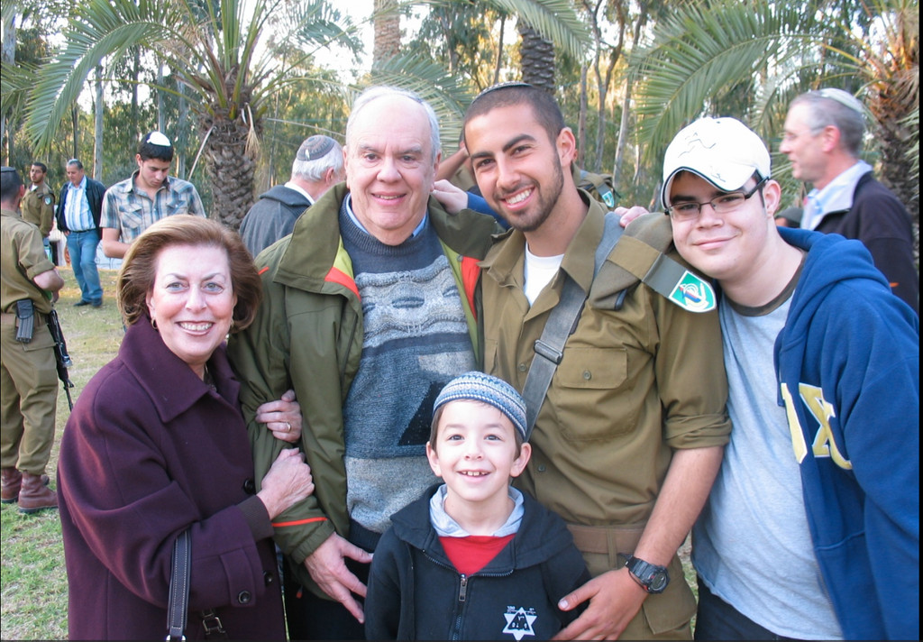 Lois and Eric Lustig in Israel celebrating Aron&rsquo;s milestone with daughter and son -in-law Robin and Avi Schreiber and family .