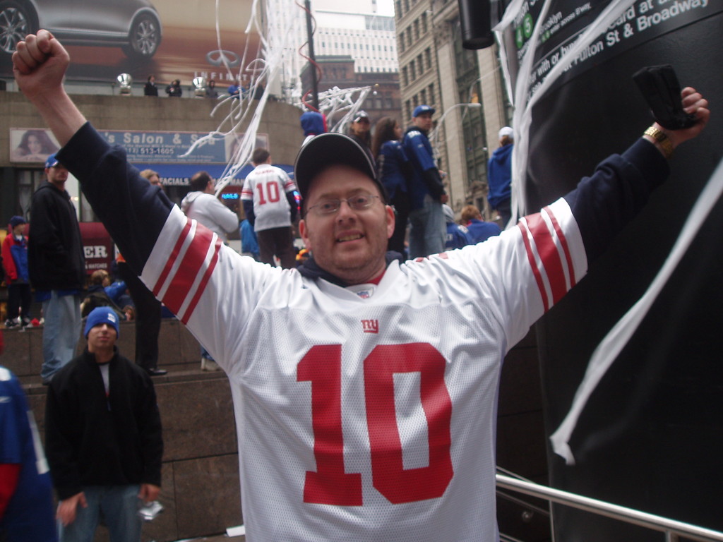 Benjy Schreier reveling in his glory at Giant&rsquo;s victory parade in Manhattan,   February 2008
