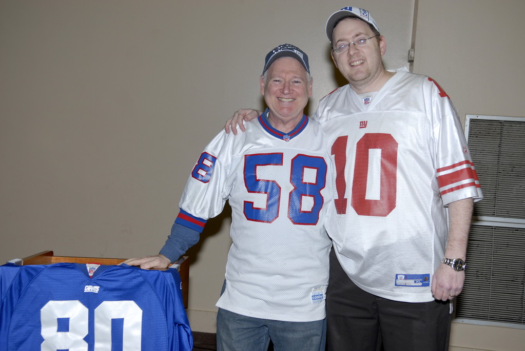 From left: Sol Ripstein and Benjy Shreier pay homage to their Superbowl Champions at the Young Israel of Woodmere NY Giants victory celebration breakfast.