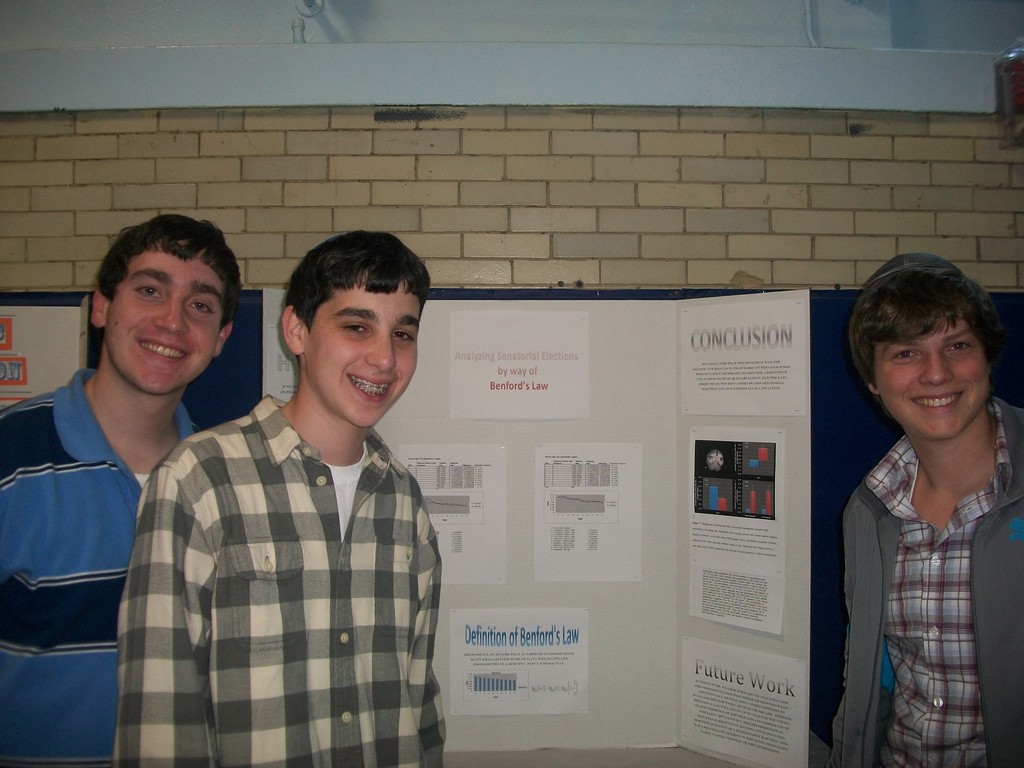 From left, 11th graders David Yedlin, Avery Feit, Justin Merkin at HAFTR&rsquo;s science fair.